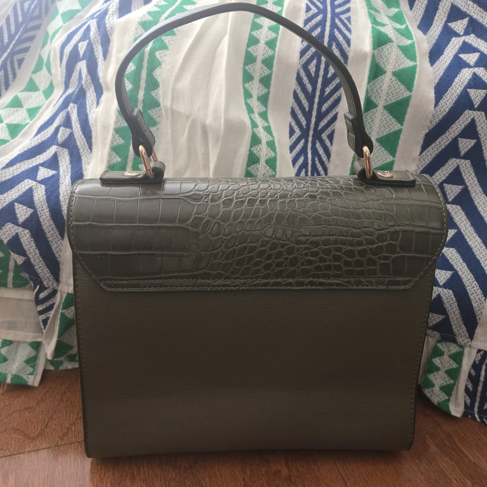 Dune London Olive Green Croc-Embossed Satchel Crossbody with Matching Pouch
